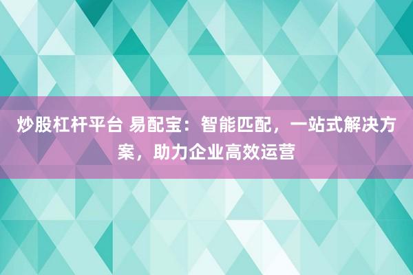 炒股杠杆平台 易配宝：智能匹配，一站式解决方案，助力企业高效运营